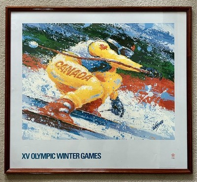 Original 1988 Official Winter Olympic Games Calgary Skiing Poster Wesman, gerahmt