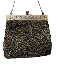 Vintage Black  Gold Beaded Flapper Style Evening Clutch Bag Glam Hong Kong