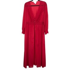 Shadowline Vintage Peignoir Long Robe Size 1X Lipstick Red Nylon Lace Trim READ