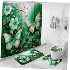 4 Pcs Green Floral Butterfly Shower Curtain Set with Non-Slip Emerald Green
