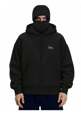EMMIOL Men's Y2K Street Double Hat Full Face Mask Zippered Hoodie Black 2XL