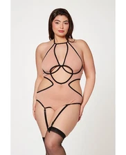 Seven ’til Midnight Queen Mesh Cut Out Halter Teddy Nude/Black