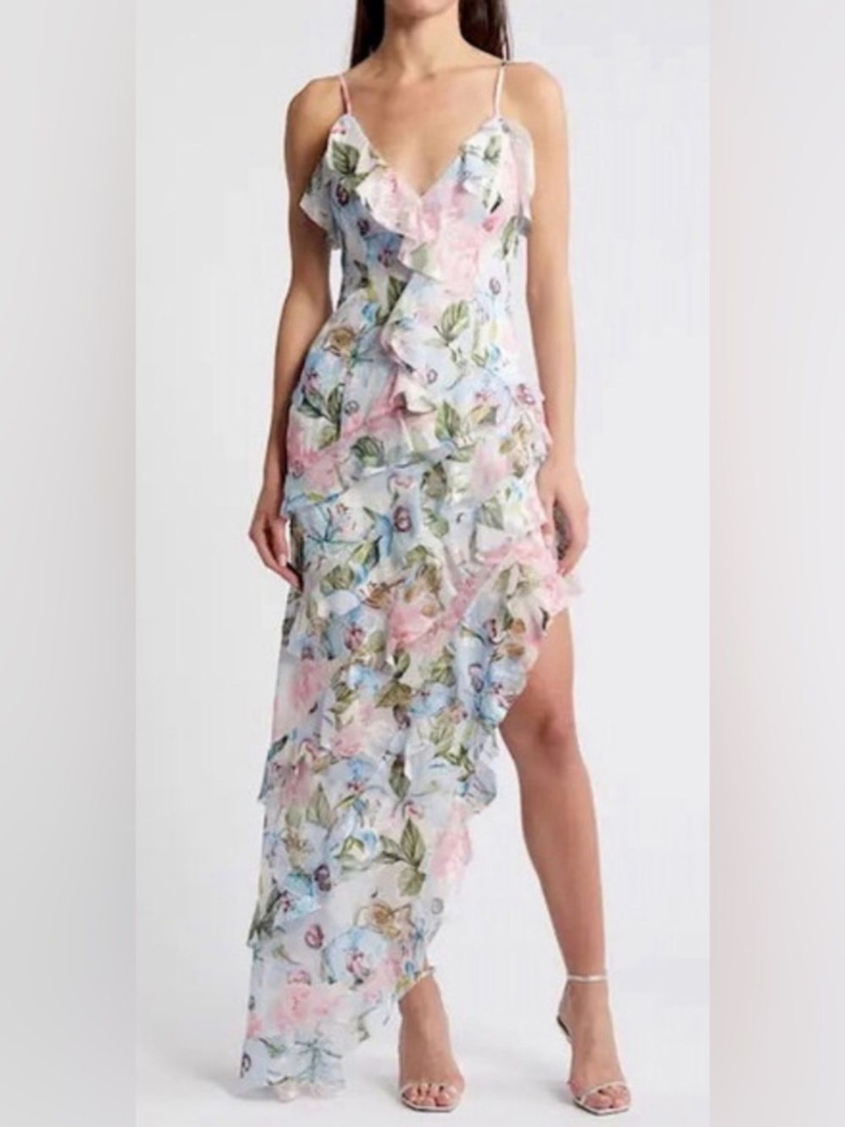 Elliatt Wilhelmina Floral Ruffle Chiffon Maxi Dress Pink L Cottagecore Coquette