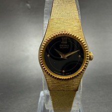 Seiko Watch Women 18mm Black Dial Gold Tone Round Vintage 2P20-0339 New Battery