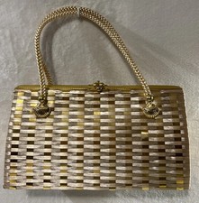 Vintage 1960s Boho Gold Ivory  SeaShell Basket Woven Weave Designer Handbag