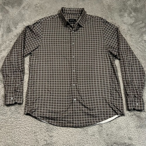 Bugatchi OooohCotton Tech 8 Way Stretch Button Up Shirt Men's Large Plaid Gray - Picture 2 of 12