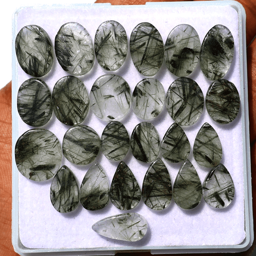 25 Pcs Natural Green Rutile Quartz Hi-Quality 9mm-13.7mm Cabochon Gemstones Lot - Picture 3 of 11