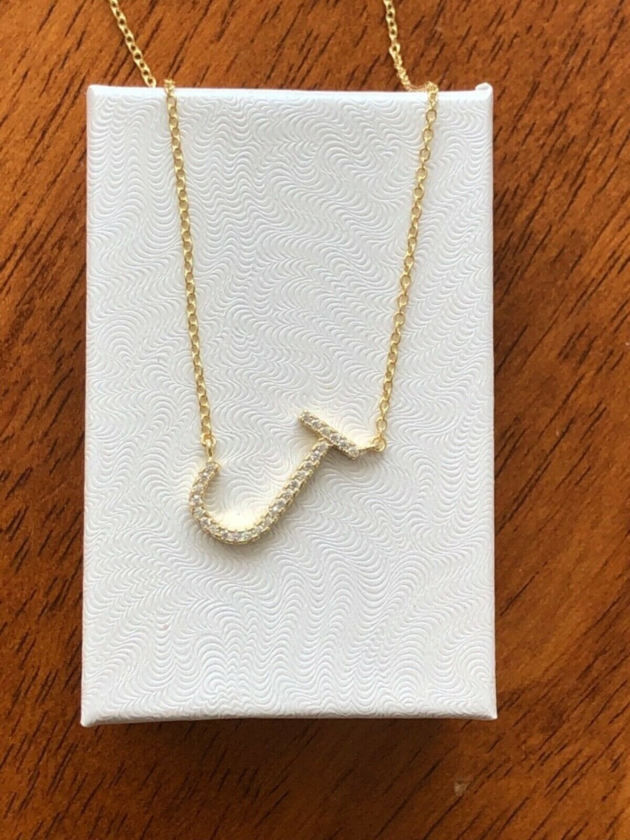 Sideways Cz Initial Letter J Pendant Necklace 925 Sterling