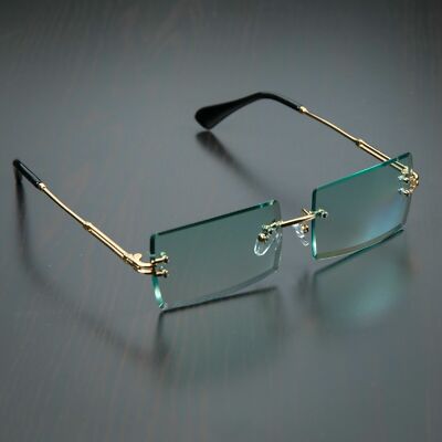 Green Tint Vintage Gold Frame Rimless Shades Retro Rectangular Mens Sunglasses