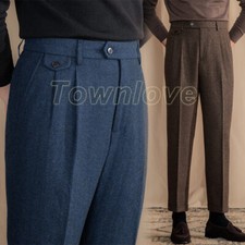 Italian Men Retro Wool Tweed Herringbone Trousers Dress Pant Casual Pleated Pant