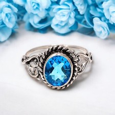 Natural Swiss Blue Topaz Gemstone 925 Silver Oxidised Ring Mother  s Day Gift.