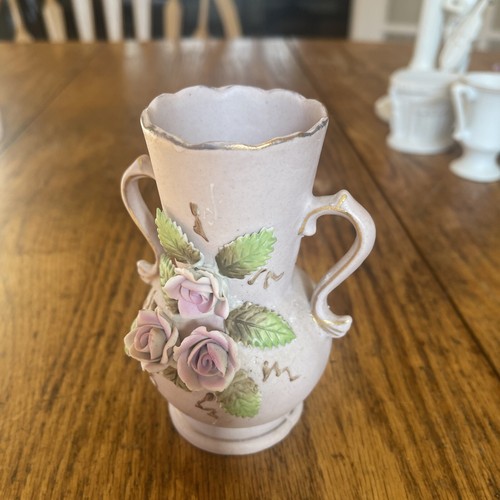Vintage Arnart Japan Bisque Vase with Raised Roses and Dual Handles 4.5” Purple - Picture 5 of 6