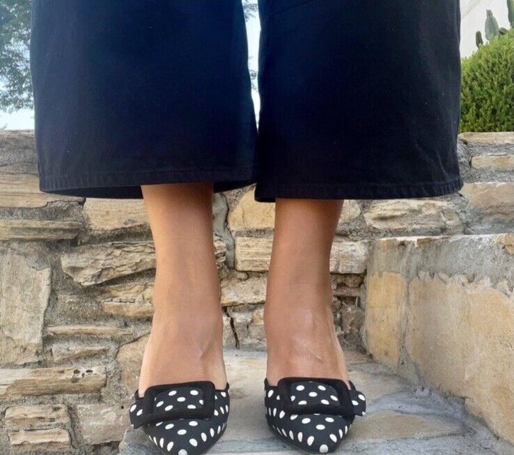 Manolo Blahnik Black & White Maysale Polka Dot Buckle Mules Manolo Blahnik Black & White Maysale Polka Dot Buckle Mules