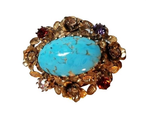 Vintage Gold-Tone Floral Brooch Turquoise-Style Stone Multicolor Rhinestones js4 - Picture 5 of 8