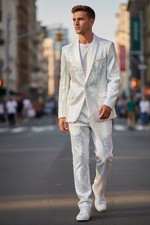 Shiny Sequin White Mens Suit Set 2pcs Formal Tuxedo Shawl Collar Jacket Pants 2X