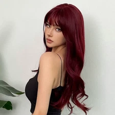 Wine Red Synthetic Wig with Bangs Long Wavy Curly Heat Resistant for  Cosplay