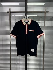 Thom Browne Short-Sleeve Polo — Contrast Trim, Stretch Fabric — Size S