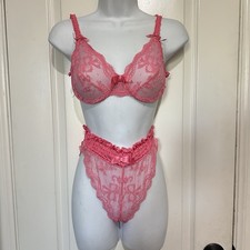 Vntg Victoria's Secret Pink Satin lace High-Cut Panties Bra S 34C New