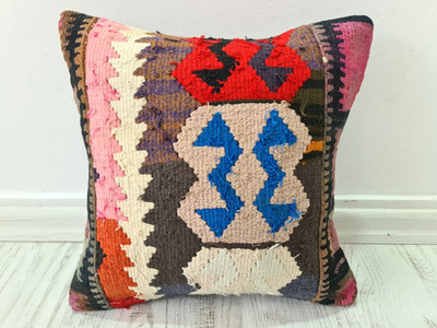 16x16 Vintage Turkish Kilim Pillow Cover Wool Tribal Boho Decor