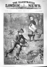 Original Old Antique Print 1887 Where Primroses Grow Children Picking Flowers