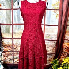 Michael Kors Red Lace Tiered Hem Dress Red  L