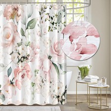 Blooming Bright Pink White Roses Floral Shower Curtain, Watercolor Leaves wit...