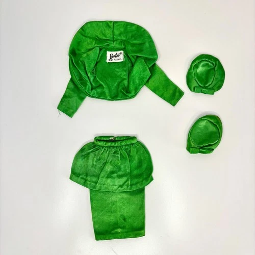 Vintage Barbie Theatre Date #959 (1963–64) Jacket Skirt & 2 Hats Green Satin TLC