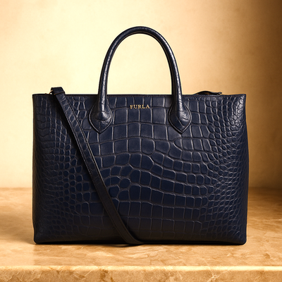 FURLA Martha Dark Blue Embossed Leather Tote Bag/Crossbody Bag/Top