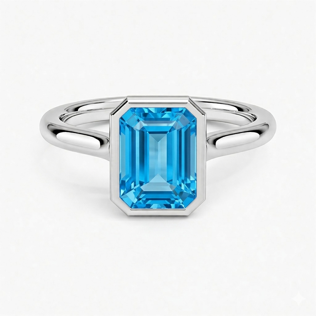 2.00Ct. Emerald-Cut 9x7mm Swiss Blue Topaz Bezel-Set Solitaire Engagement Ring