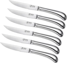 Steak Knives Set of 6 - High Carbon Serrated Edge 6, Stainless Steel 
