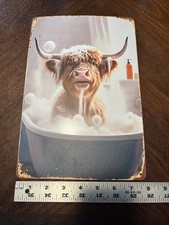 Highland cow in a bathtub Metal Wall Decor. 8x12 Bathroom Decoration