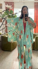 Real silk vintage Japanese kimono Rinzu cranes birds clouds turquoise coral