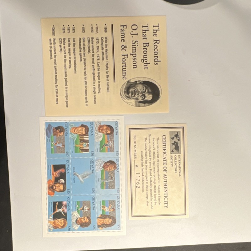 Guyana O.J. Simpson Sports Stamp Block $50 w/ International Collectors Society …