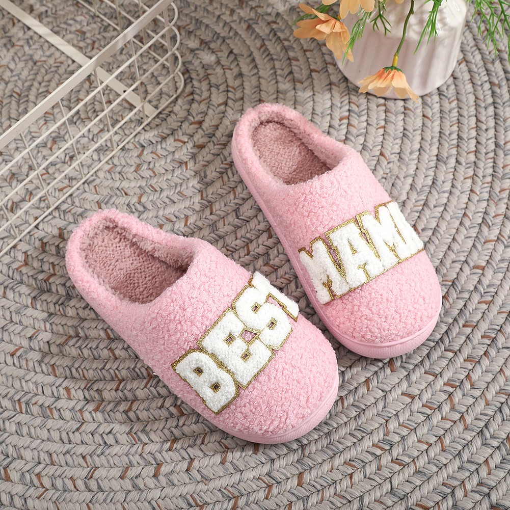 PANTOFOLA D’ORO Pantofole in cotone con ricamo lettere bordo oro soffici scarpe da camera da letto (rosa 38 39)