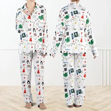 Unisex Holiday Print Pajama Set Long Sleeve Button Top  Pants S-5XL Sleepwear