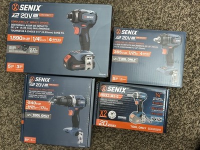 Senix X2 20V Brushless 4-Tool Set: Impact Driver, Wrench, Drill, Screwdriver