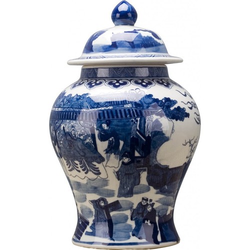 Chinese oriental porcelain TEMPLE JAR W PEOPLE BLUE AND WHITE GINGER JAR 15" - Picture 3 of 6