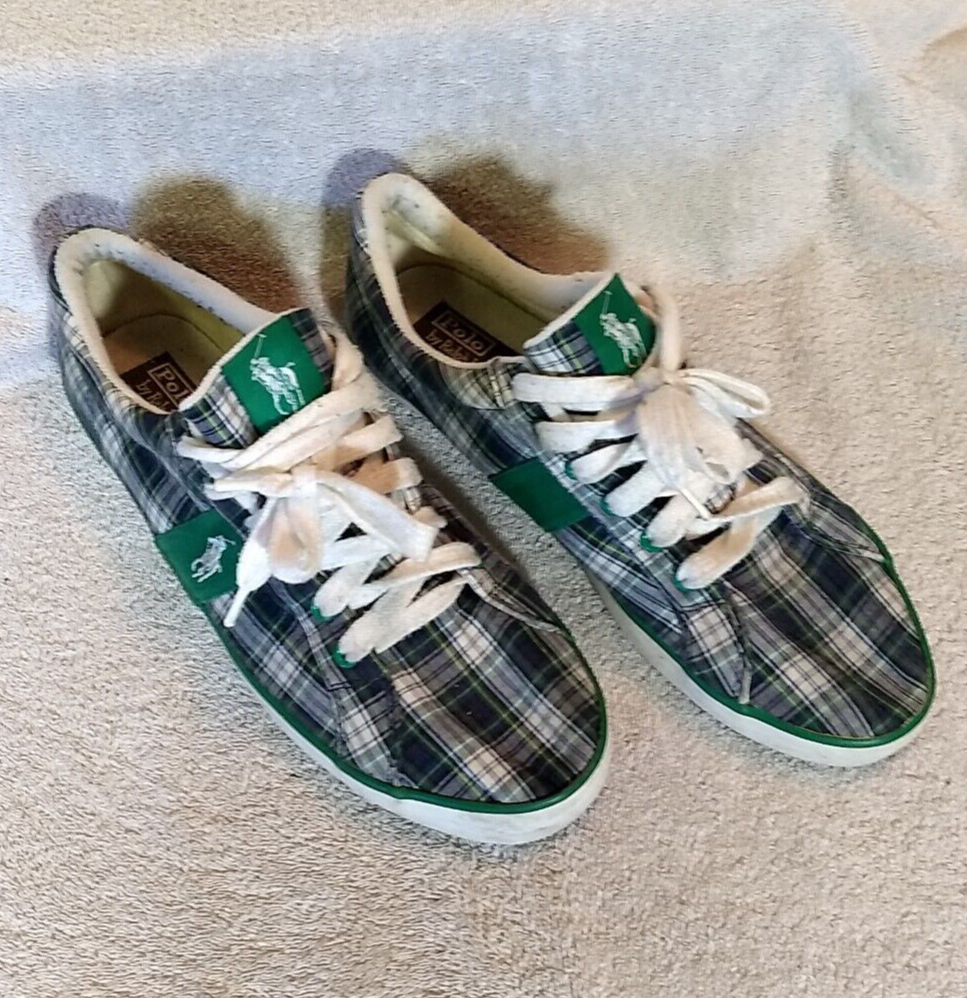 Polo by Ralph Lauren Mens Preowned Madras Plaid Sneakers, Size: 12