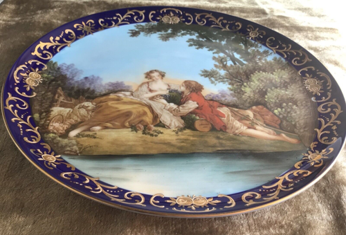 Antique F Boucher Pastoral Cabinet Plates French Cobalt Blue Gold Gilt Rim Pair - Picture 4 of 13
