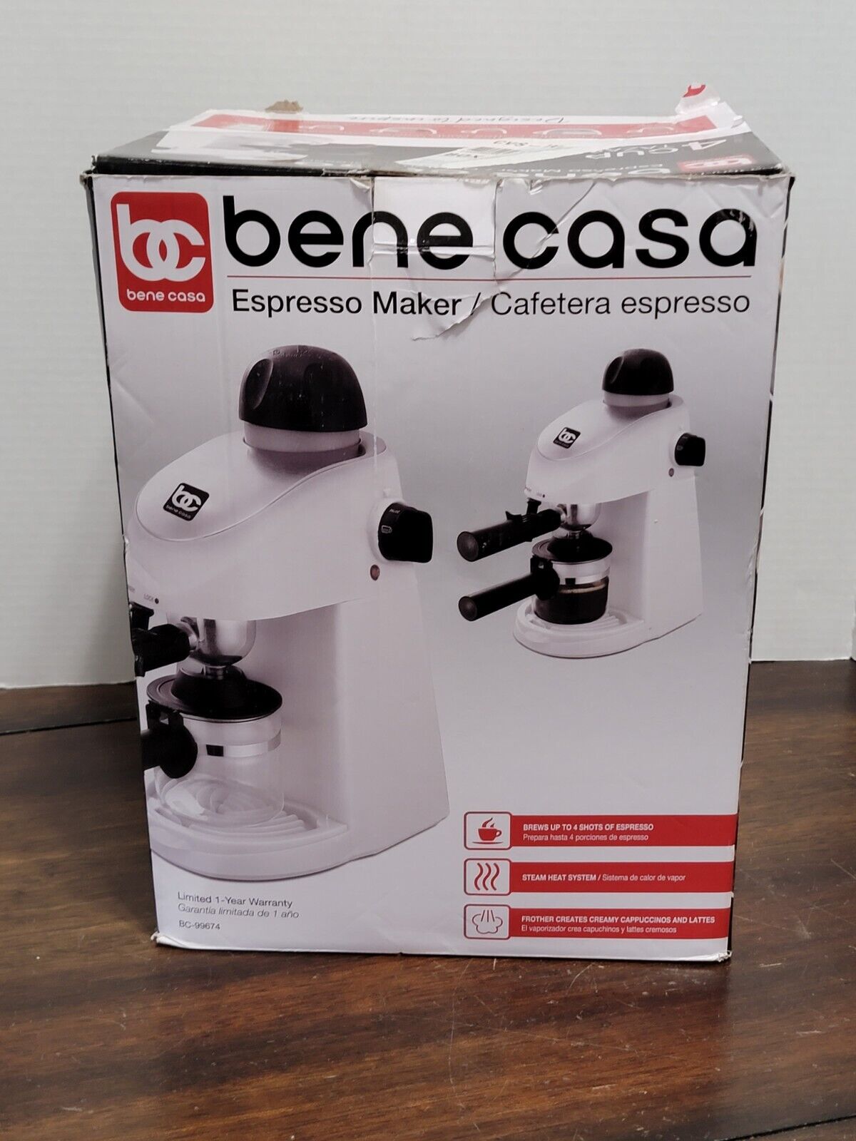 Bene Casa 4-Cup Espresso Maker BC-99674 with Frother, White New Open Box