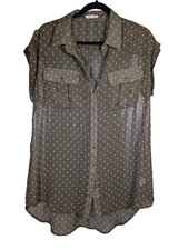 Pleione S (Nordstrom) Olive Green W/Tan  Polka Dot Pattern Buttom Up Blouse Wome
