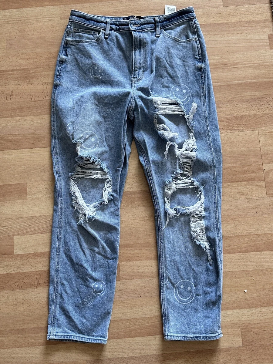 Hollister Ultra High Rise Mom Jean 30W 27L Smiley Face Distressed Straight  11R