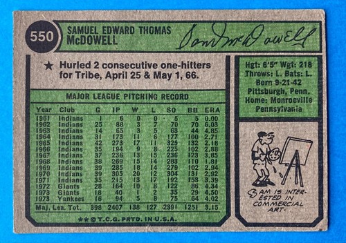 1974 Topps Sam McDowell #550 béisbol de los Yankees de Nueva York (6 títulos All-Star/ERA) - Imagen 6 de 6
