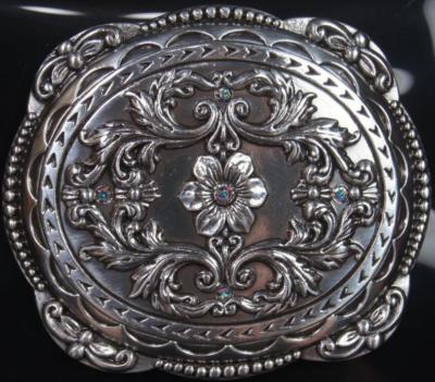 Nocona Western BLAZIN ROXX Belt Buckle Oval Floral Rhinestones Silver 37538