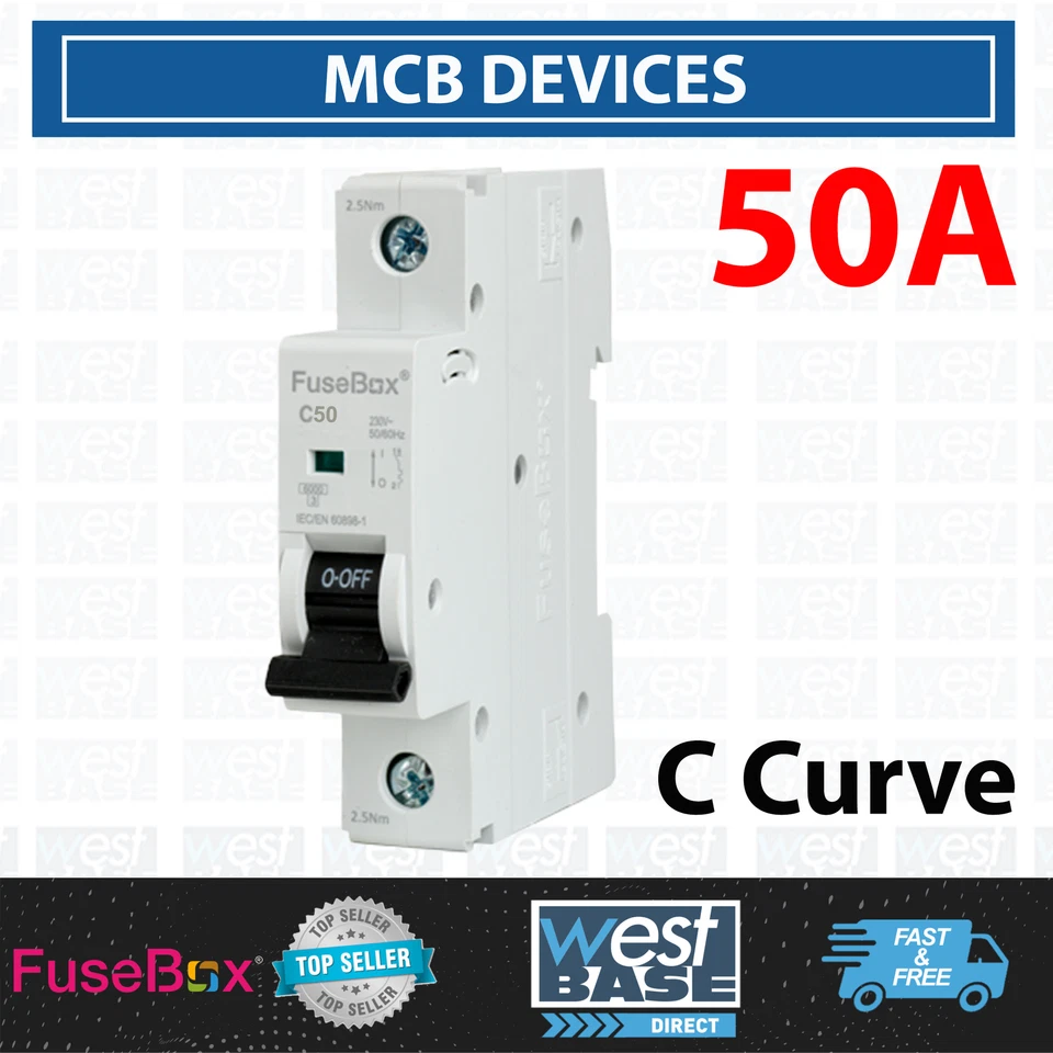 Fusebox MT06C501 MCB Circuit Breaker 230V 6kA SINGLE POLE SP 50 Amp Type C Curve