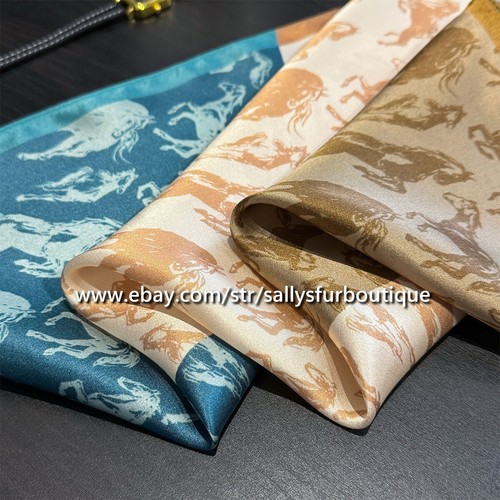 Sally 100% Satin Silk Scarf Horses Print Square Neck Hairband 21" Turquoise/Blue - Picture 4 of 6
