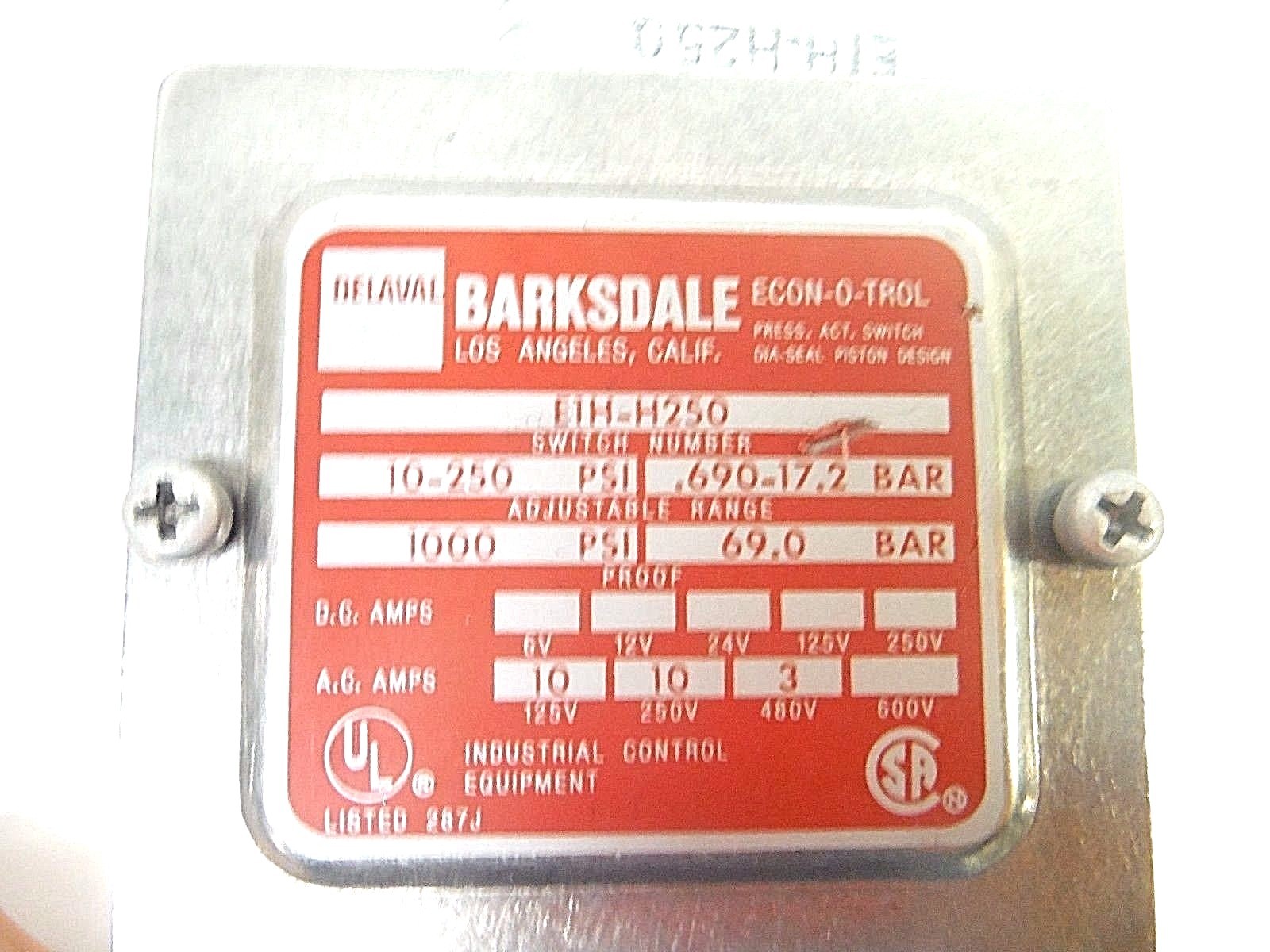 Barksdale Delaval Turbine Pressure Switch E1HH250 eBay