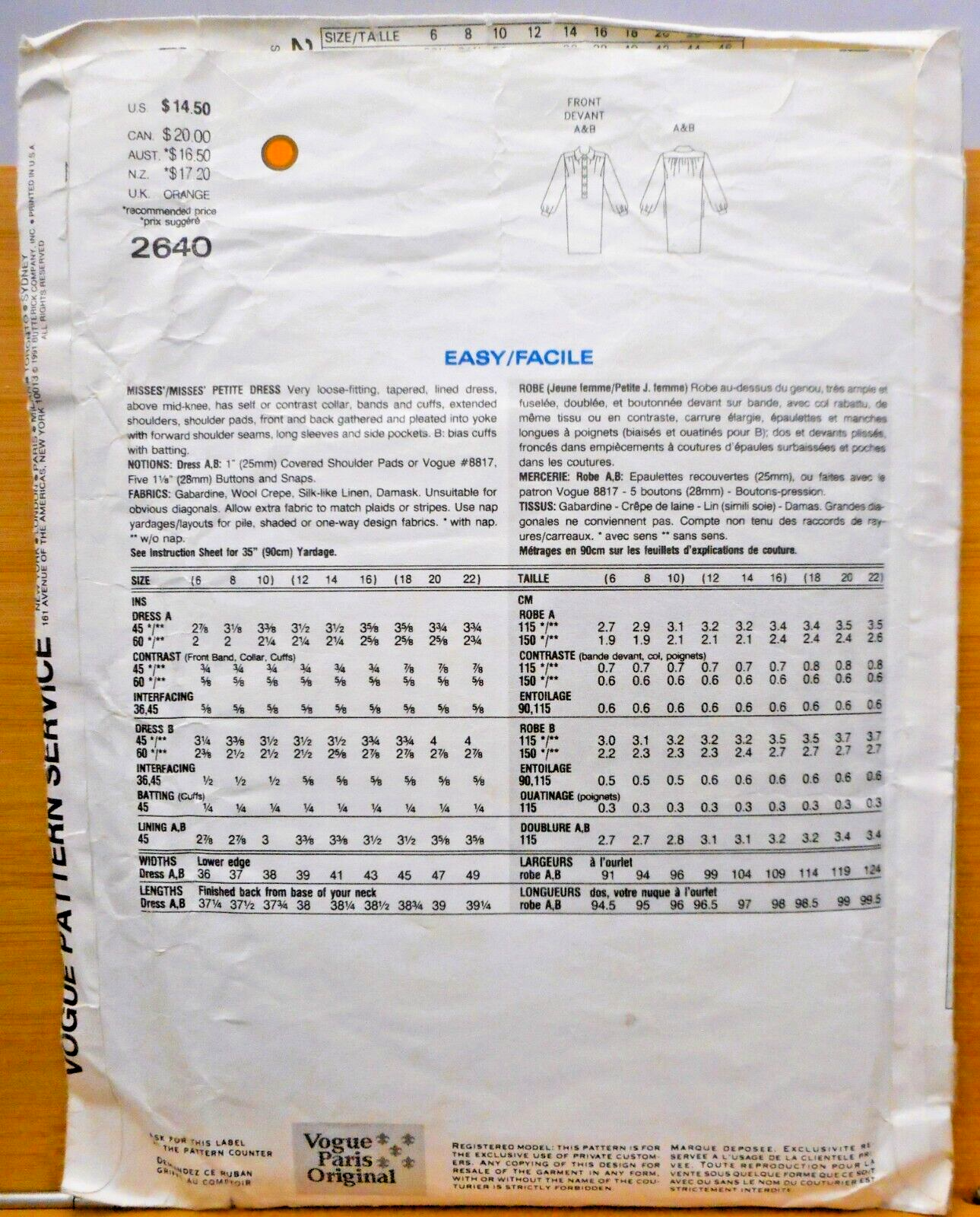 Abito Vintage Modello Vogue 2640 Parigi Originale Yves Saint Laurent Tg 6 8 10 FF