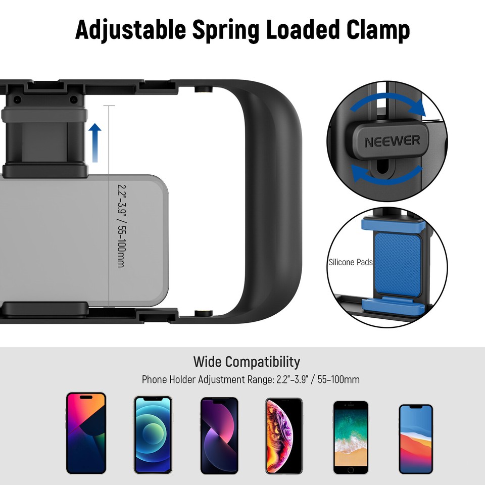 NEEWER Kit de Stabilisateur de Téléphone Vidéo Rig,Cage de Téléphone Portable en Aluminium avec Poignées en Silicone Compatible avec iPhone14Plus14 Pro Max13ProMax Samsung pour Vlogging Live Streaming