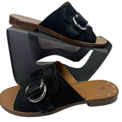 Frye Black Halle Ring Italian Leather Mule Slides Sandals women sz M 
